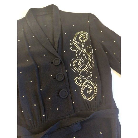 Rare Vtg 1930s Art Deco Black Nail Head Studded Dress S Whimsigoth Vamp Jive - Picture 4 of 16